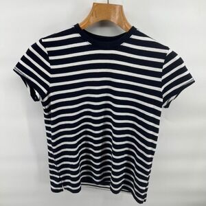 Elie Tahari Black White Striped Crew Neck T Shirt Top M Medium